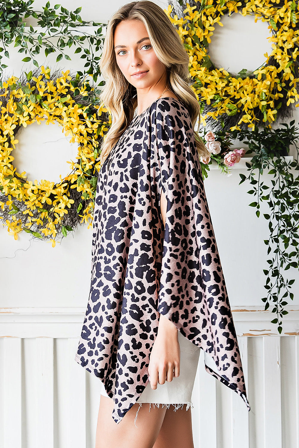 Cheetah Poncho Style Casual Oversized Tunic Top *