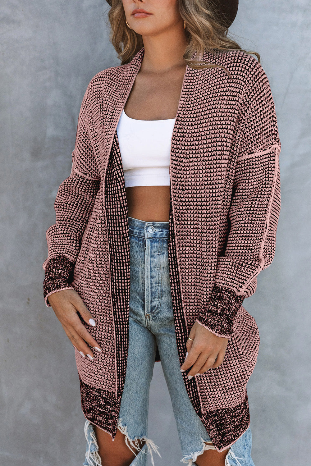 Pink Plaid Contrast Trim Casual Knit Long Cardigan*