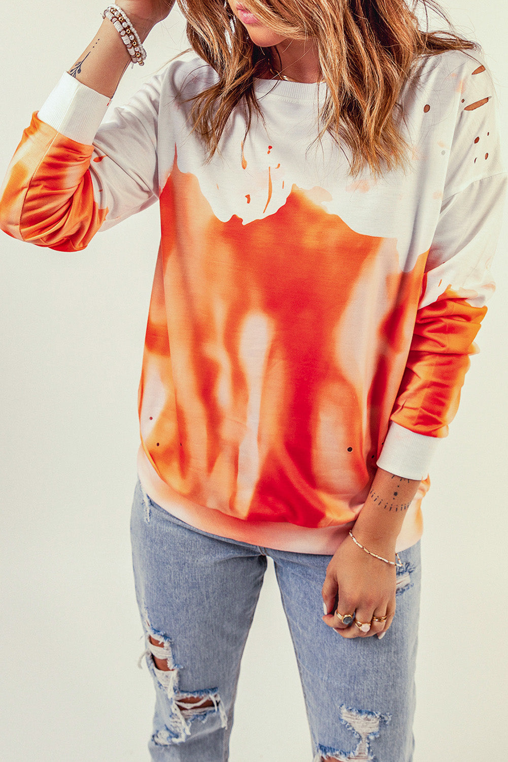 Orange and White Pullover Tie Dye Sweatshirt for Women *