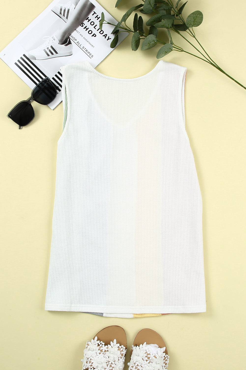 Multicolor Color Block Casual V Neck Waffle Knit Tank Top *