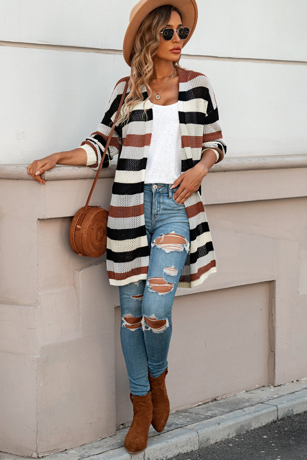 Striped Color Block Hollow Cable Knit Cardigan *