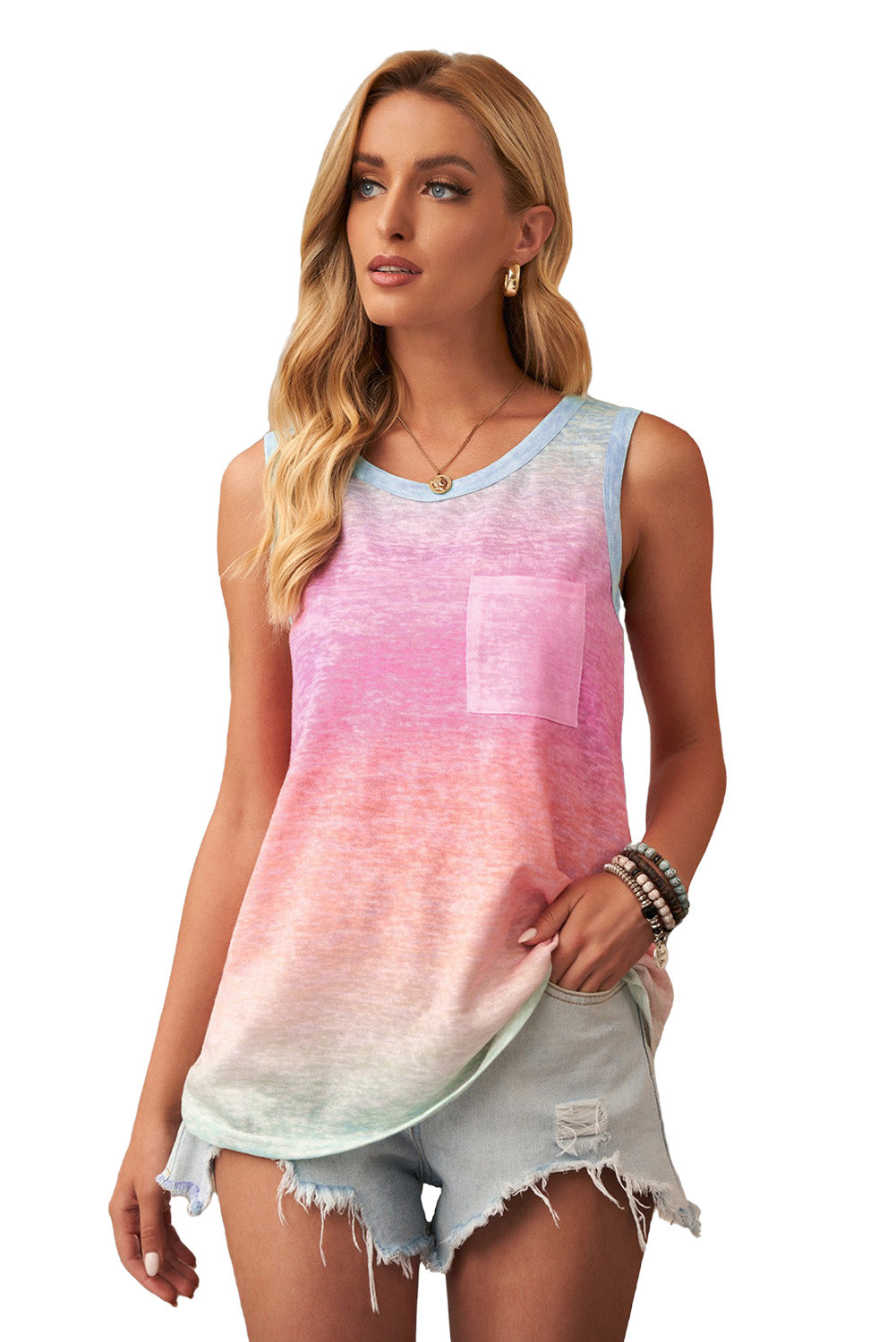 Blue Tie Dye Front Pocket Sleeveless Tank Top *