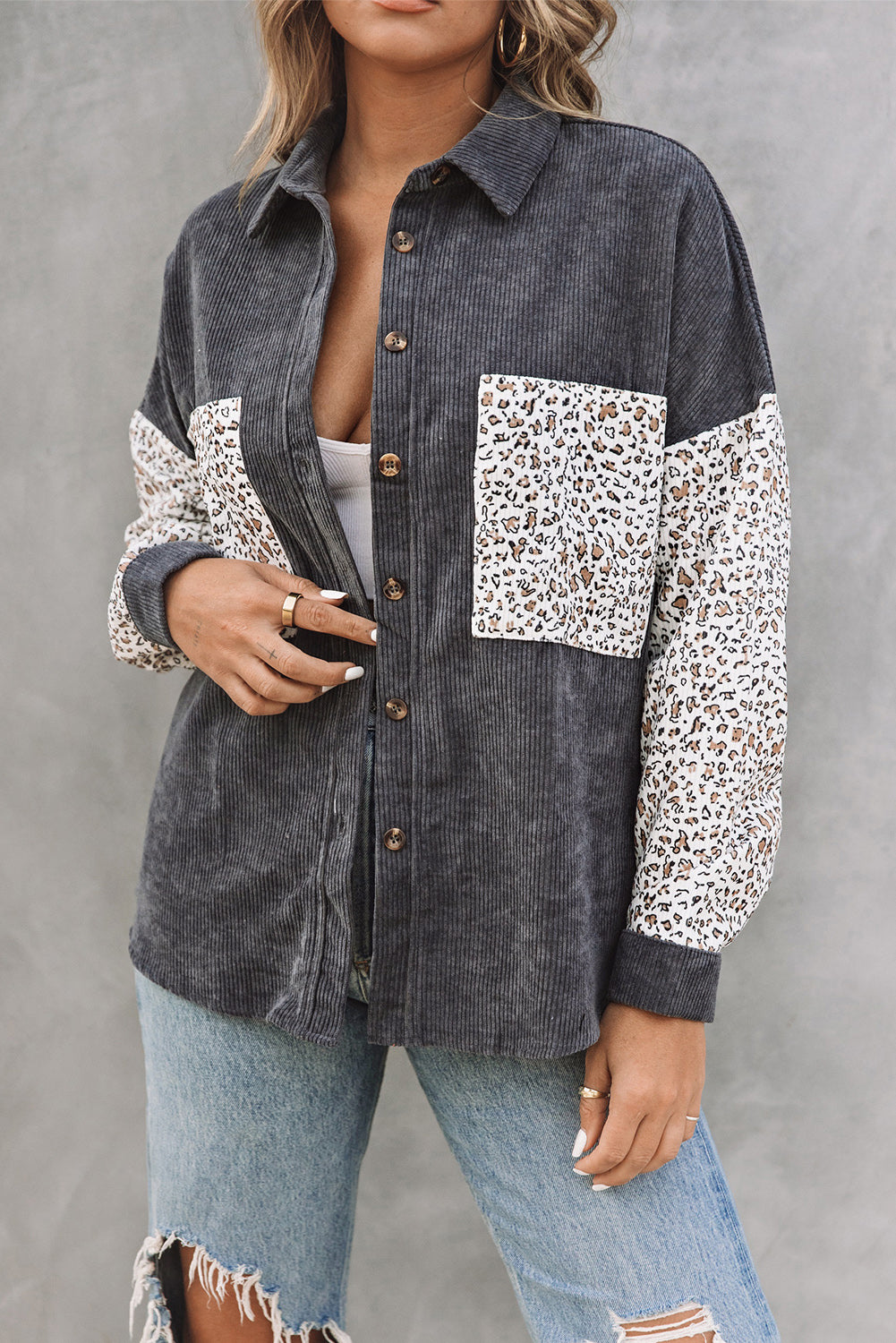 Leopard Patchwork Corduroy Buttoned Shirt Jacket *