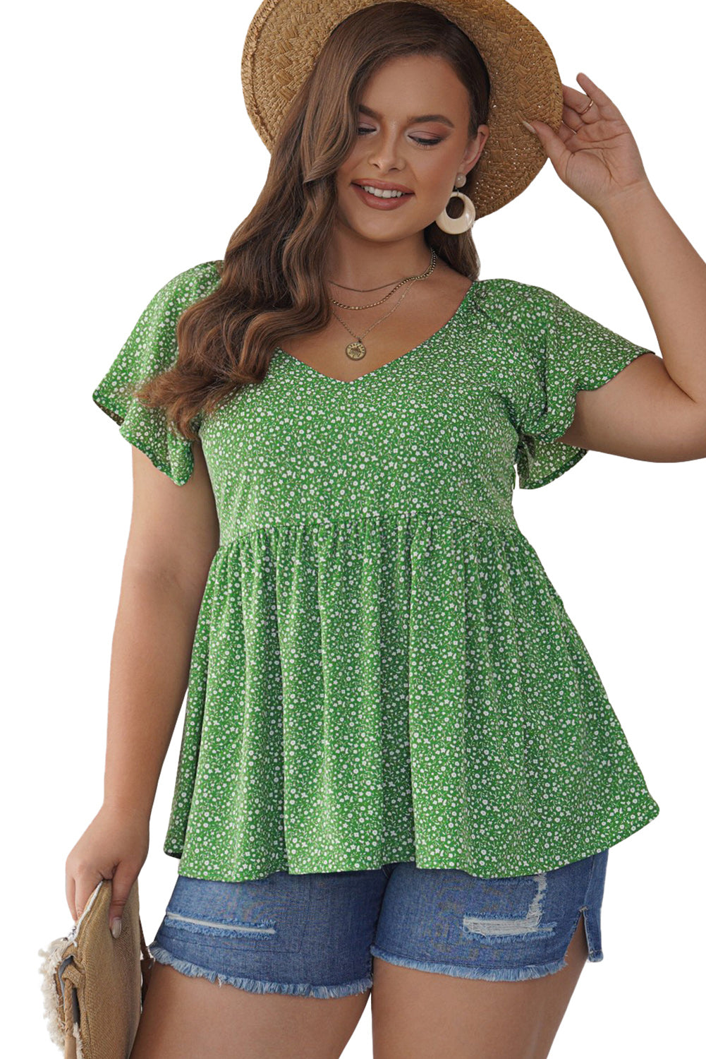 Floral Print Pleated Flounce Hem Short Sleeve Plus Size Top *