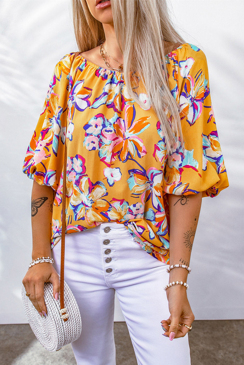 Floral Print Boho Half Sleeve Bishop Sleeve Blouse *