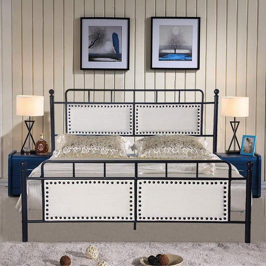 Metal Queen Bed Frame with Upholstered Headboard & Footboard