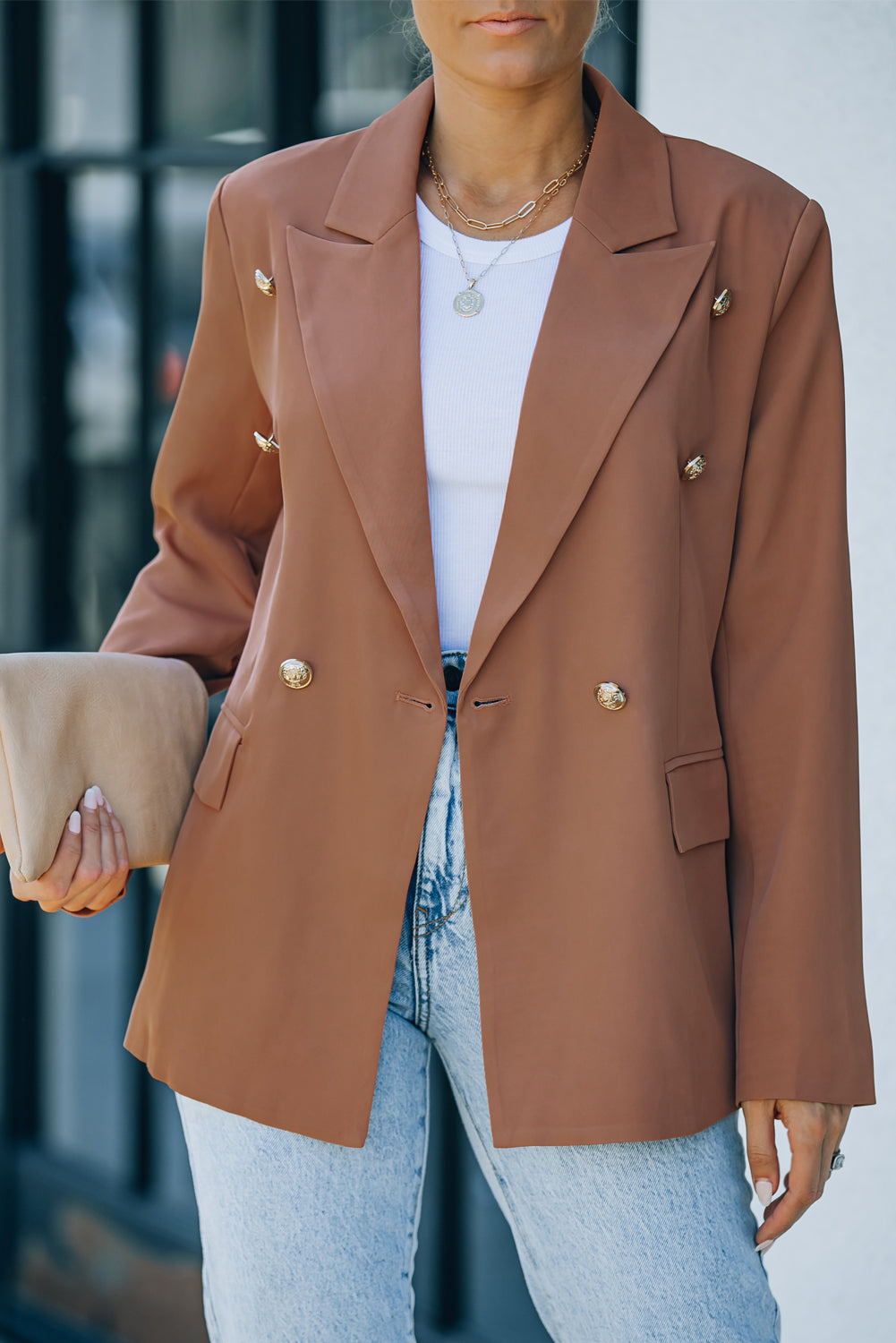 Double Breasted Lapel Neck Flap Pocket Casual Brown Blazer for Women *