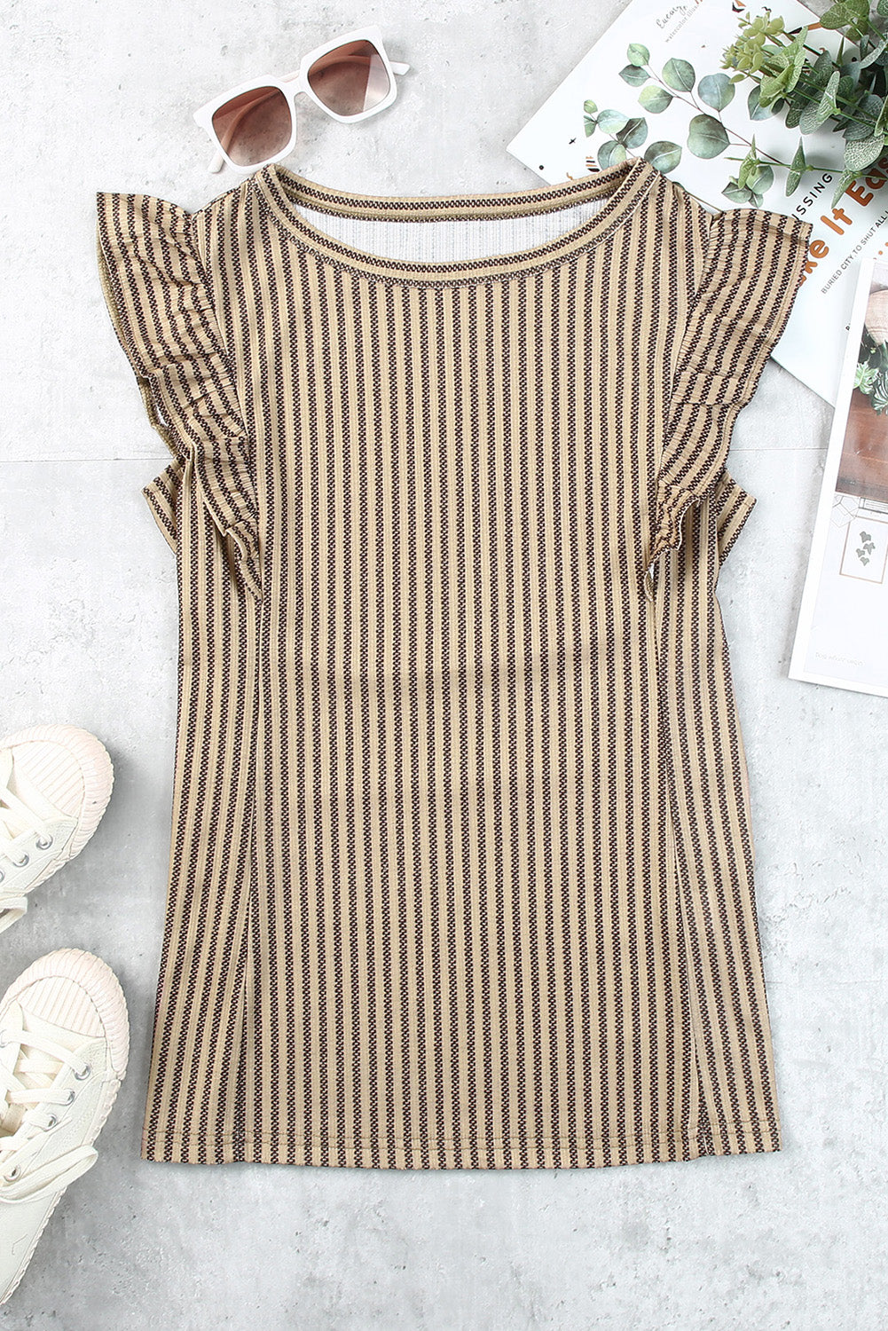 Grey Casual Striped Print Ruffle Summer Top *