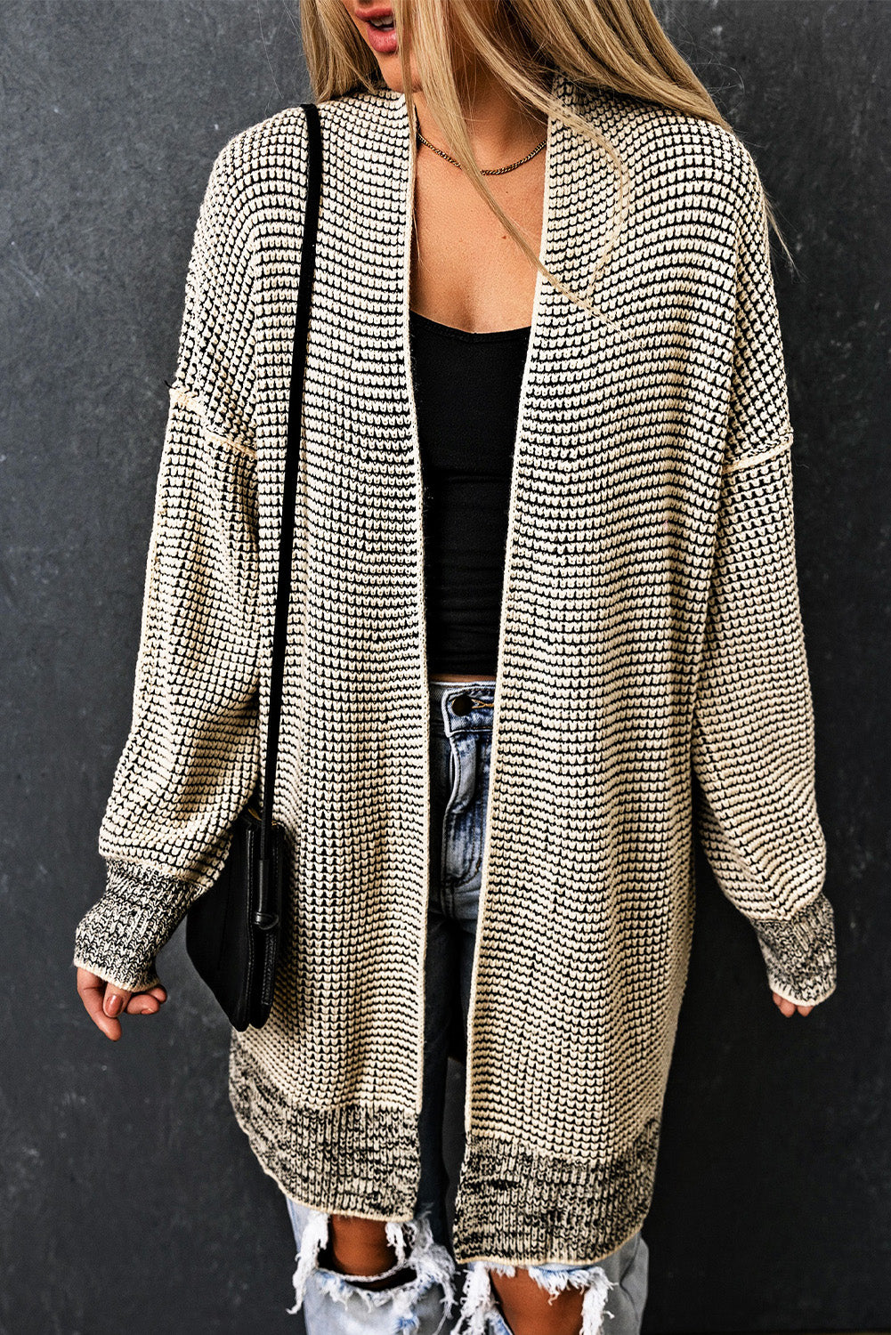 Pink Plaid Contrast Trim Casual Knit Long Cardigan*