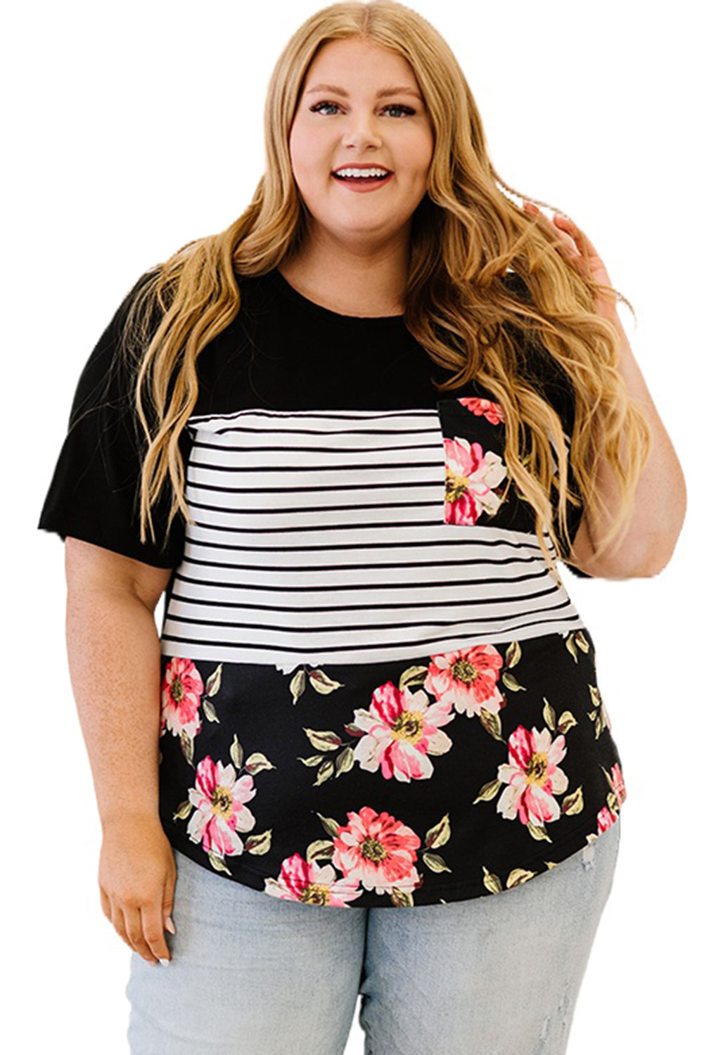 Stripe Floral Casual Splicing Block Plus Size Top *