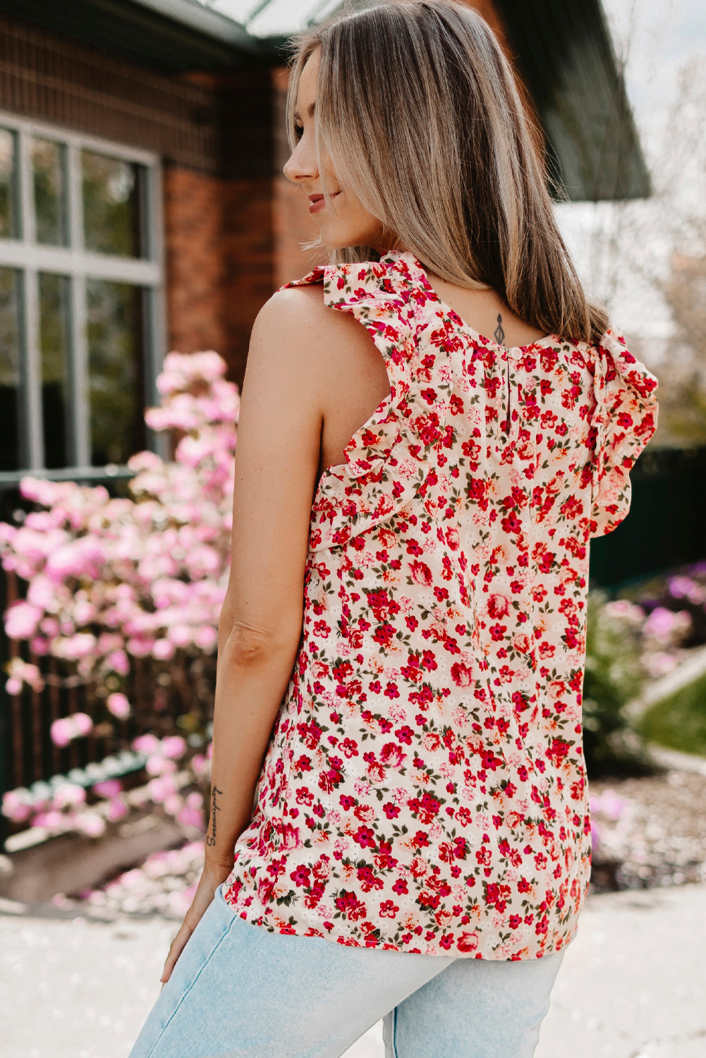 Boho Floral Print Ruffled Mock Neck Sleeveless Shirt *