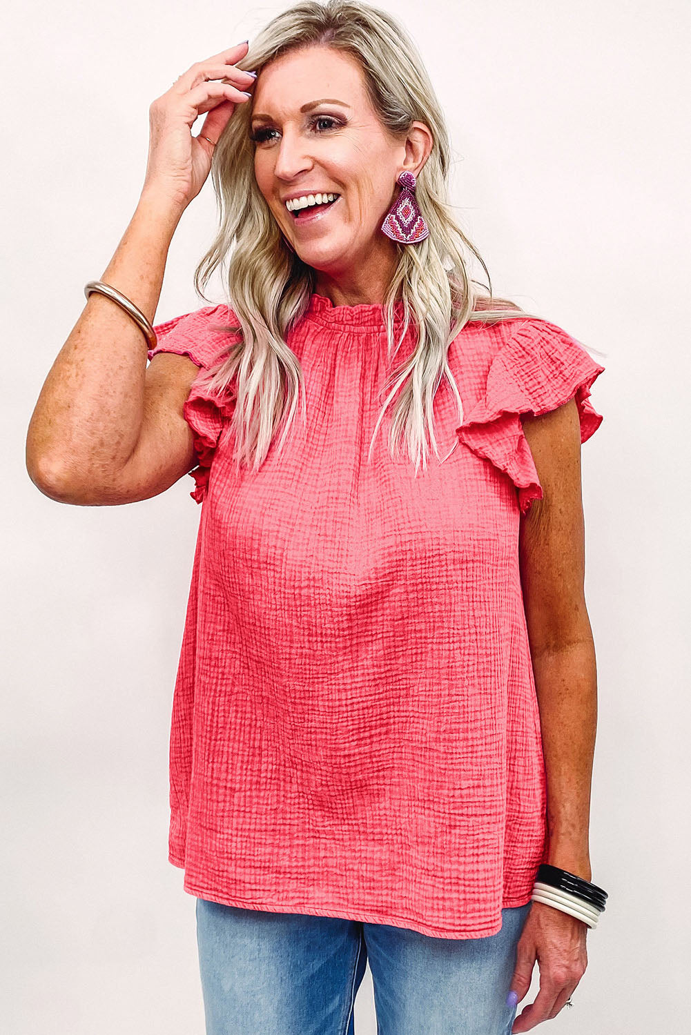 Rosy Crinkled Ruffle Casual Short Sleeve Blouse *