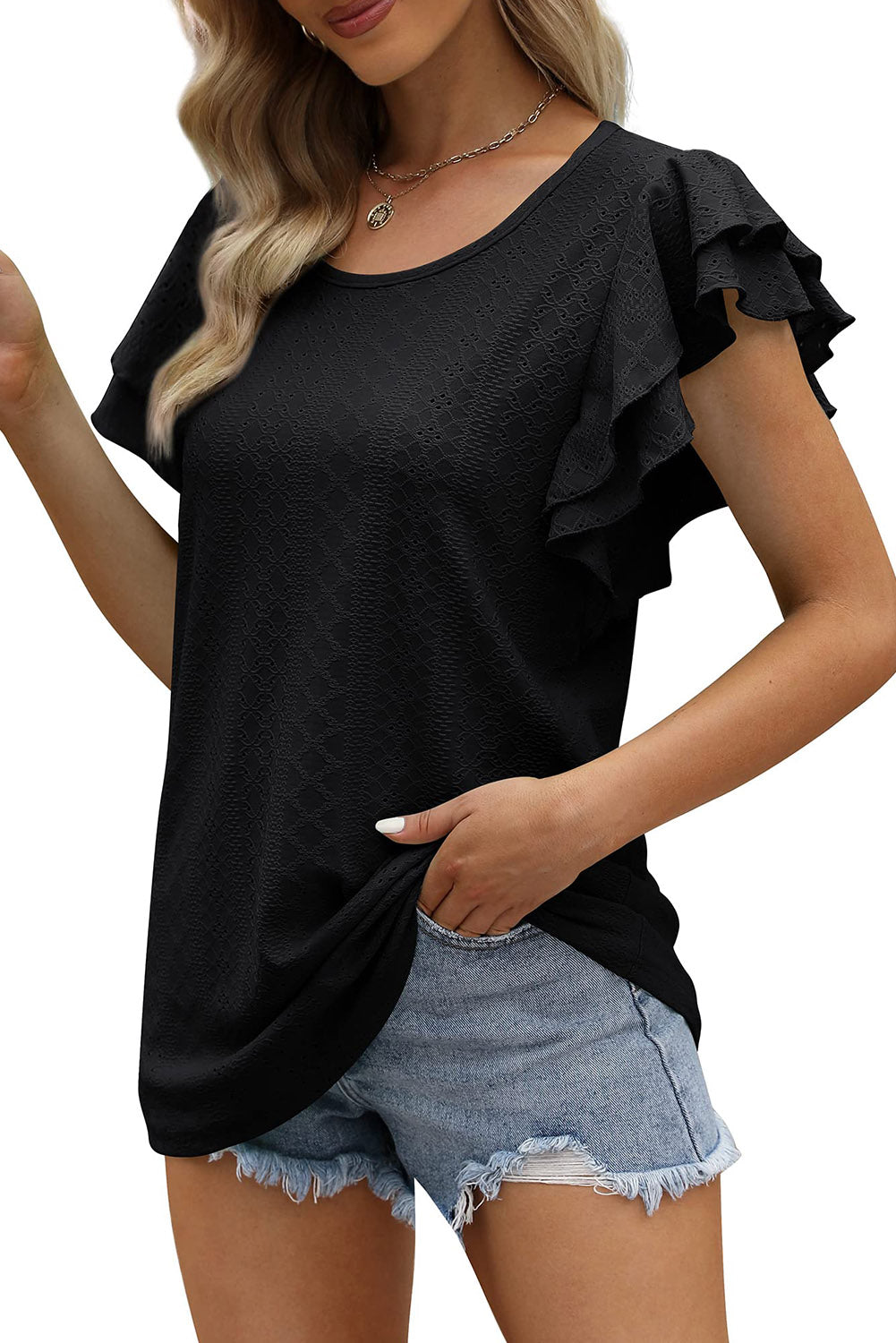 Eyelet Textured Ruffle Short Sleeve Blouse *