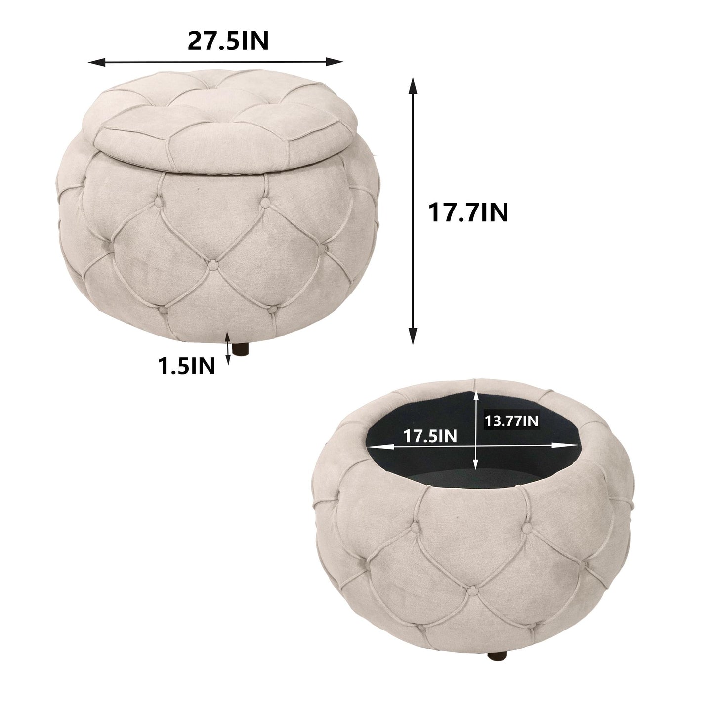 Large Button Tufted Woven Round Storage Footstool