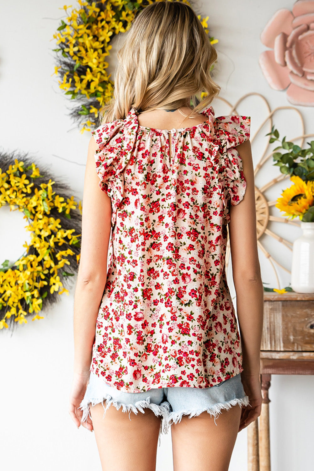 Boho Floral Print Ruffled Mock Neck Sleeveless Shirt *