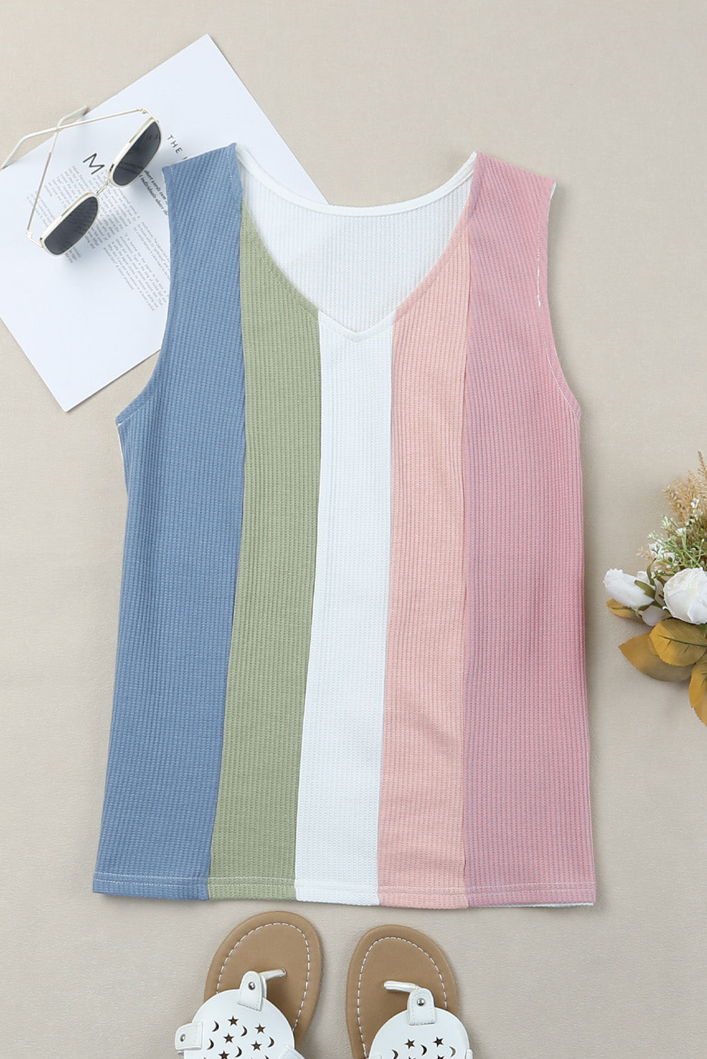 Multicolor Color Block Casual V Neck Waffle Knit Tank Top *