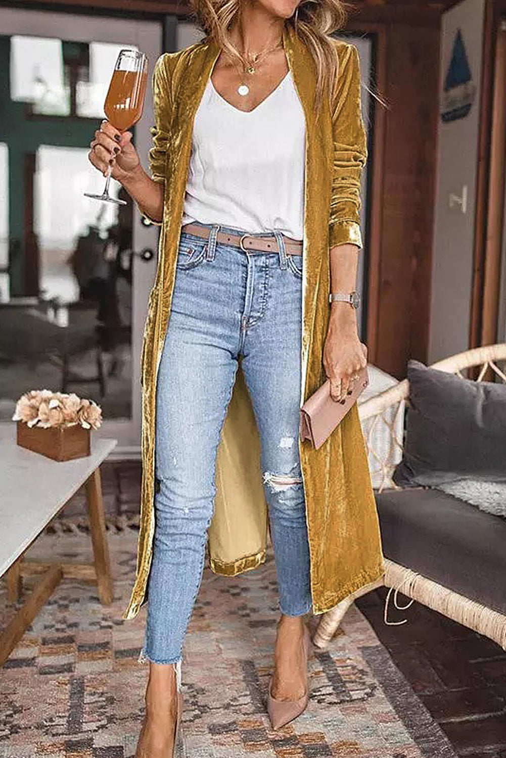 Yellow Velvet Elegant Open Front Pocket Long Cardigan