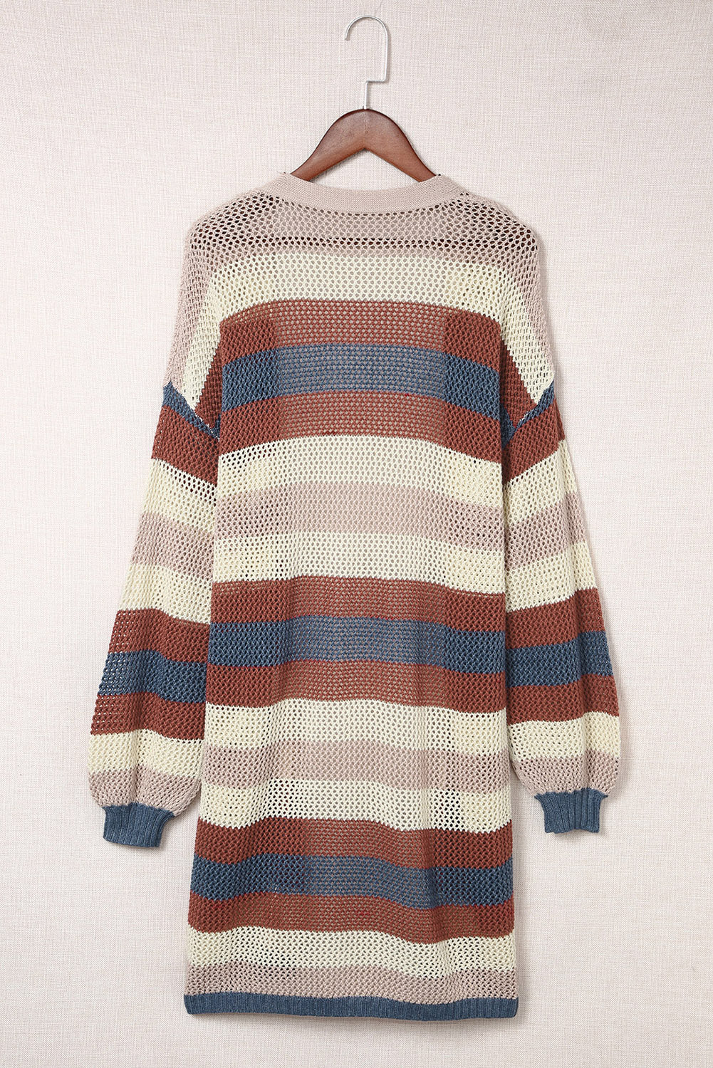 Striped Color Block Hollow Cable Knit Cardigan *