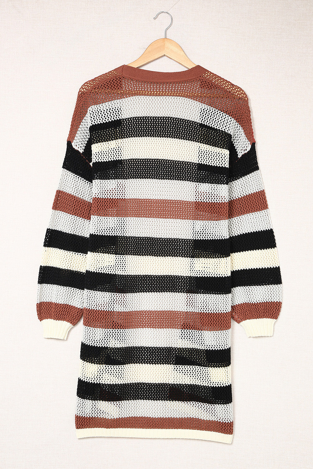 Striped Color Block Hollow Cable Knit Cardigan *