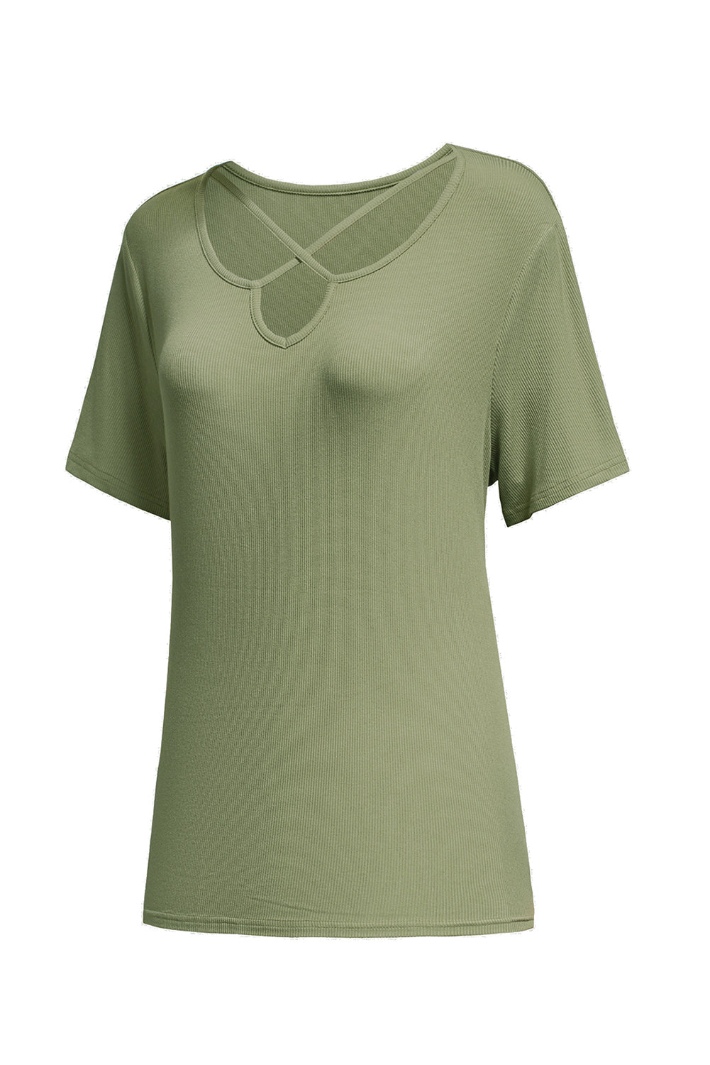 Army Green Casual Crisscross Ribbed Knit  Plus Size Tee *