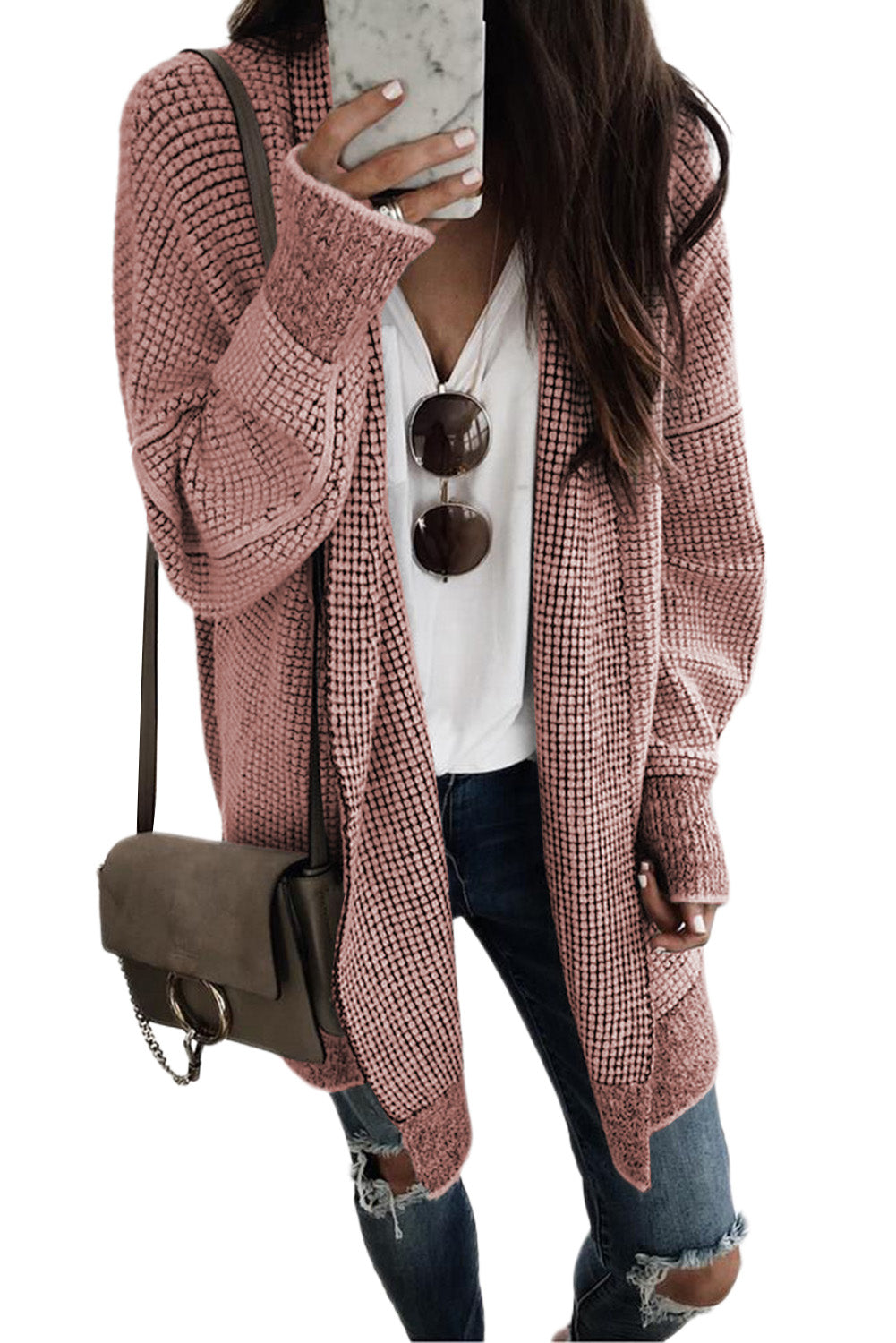 Pink Plaid Contrast Trim Casual Knit Long Cardigan*