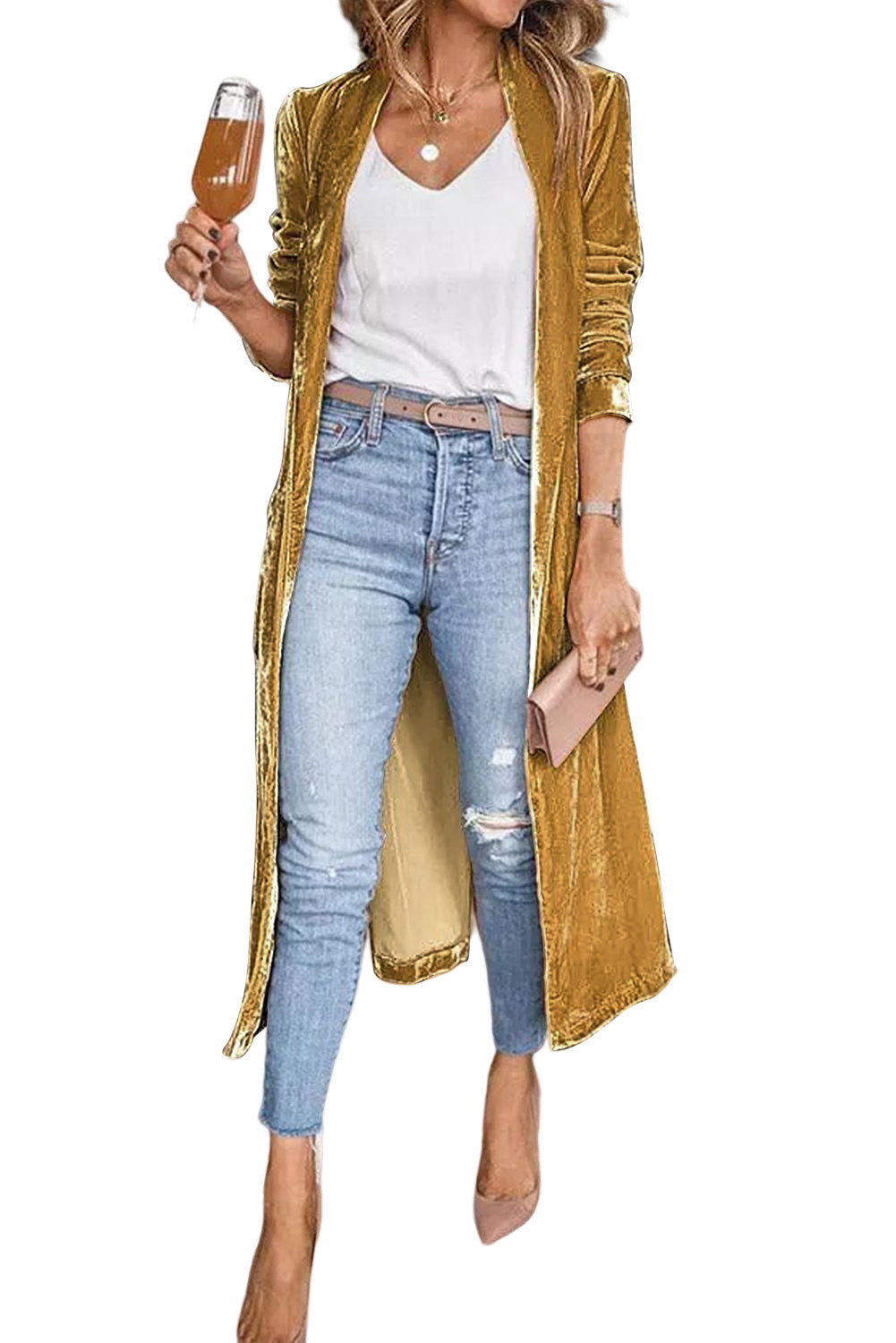 Yellow Velvet Elegant Open Front Pocket Long Cardigan