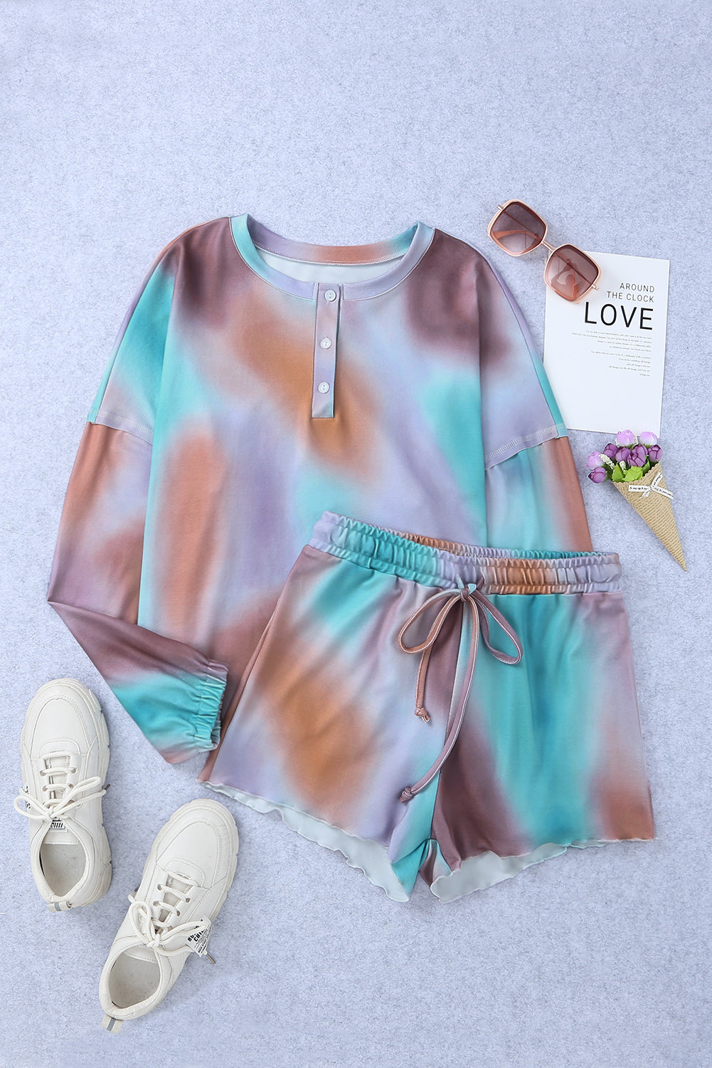 Multicolor Tie Dye Top & Drawstring Shorts Loungewear Set *