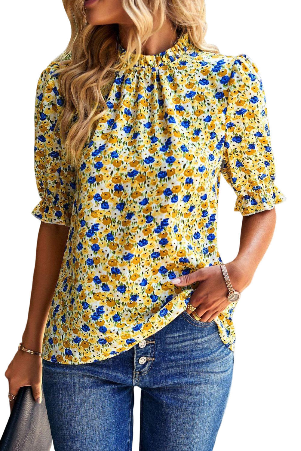 Yellow Floral Boho Frill Mock Neck Blouse