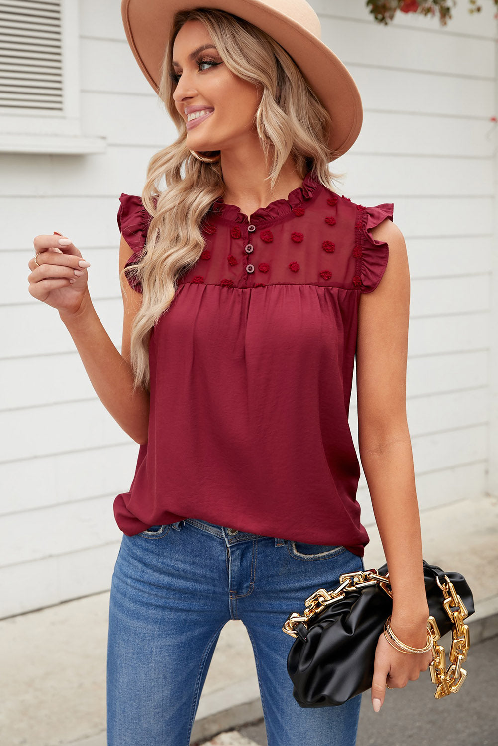 Burgundy Ruffle Trim Swiss Dot Button Closure Sleeveless Shirt *