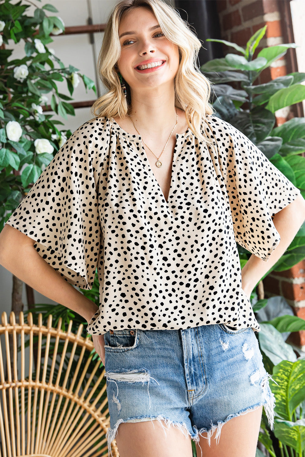 Cheetah Notch V Neck Casual Ruffle Sleeve Blouse *