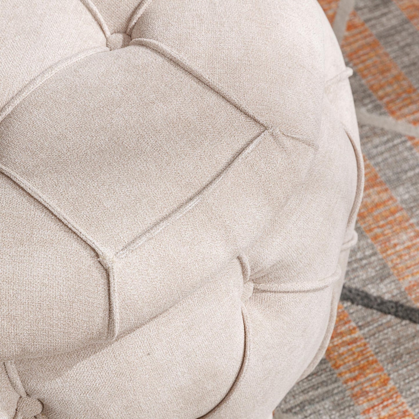 Large Button Tufted Woven Round Storage Footstool