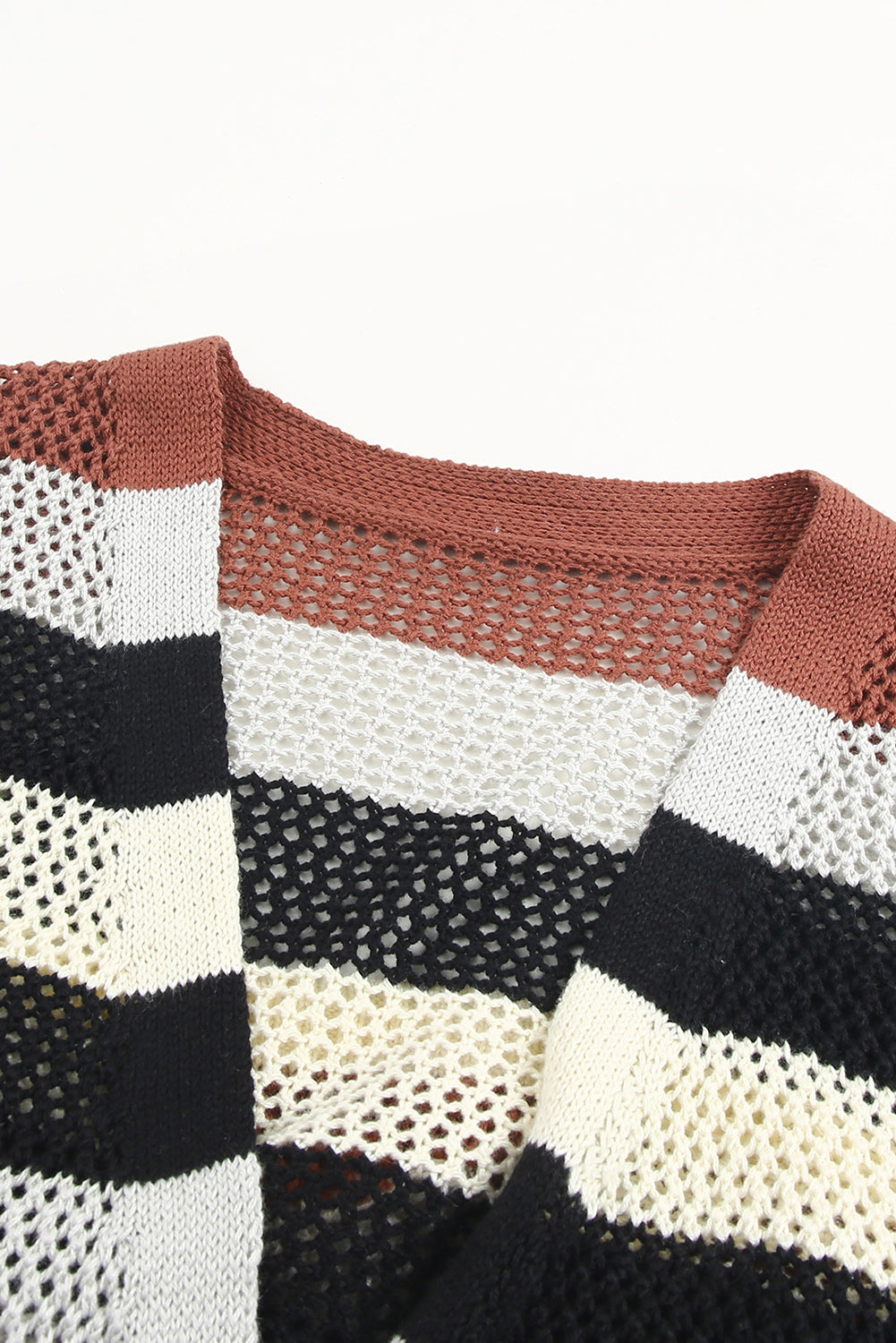 Striped Color Block Hollow Cable Knit Cardigan *