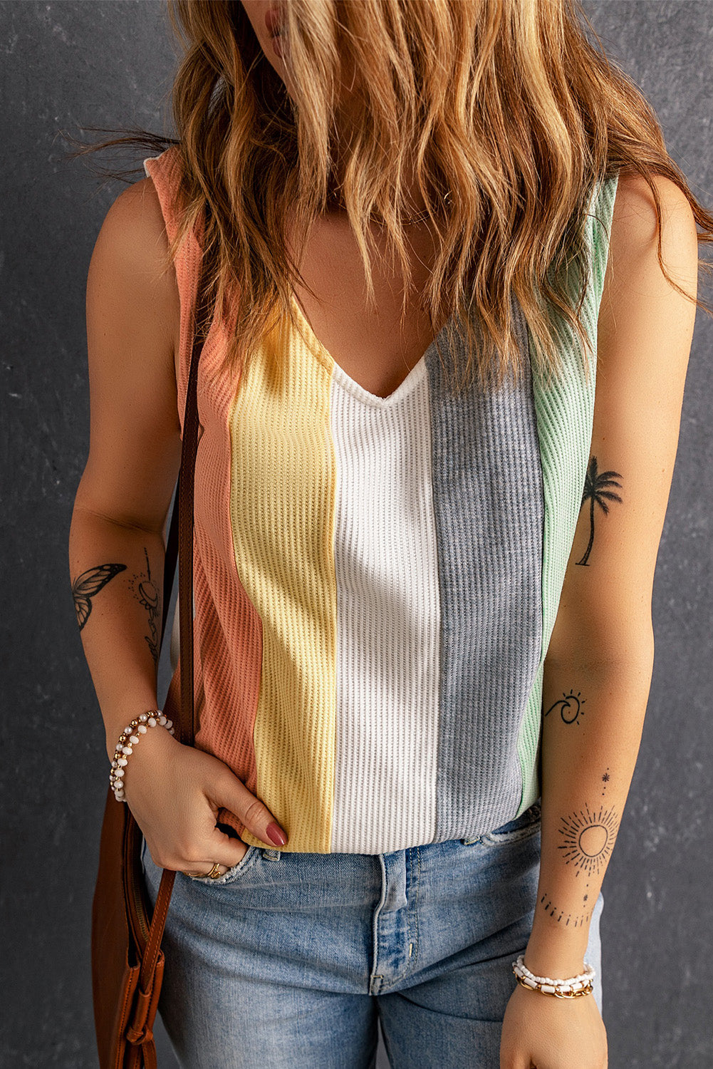 Multicolor Color Block Casual V Neck Waffle Knit Tank Top *