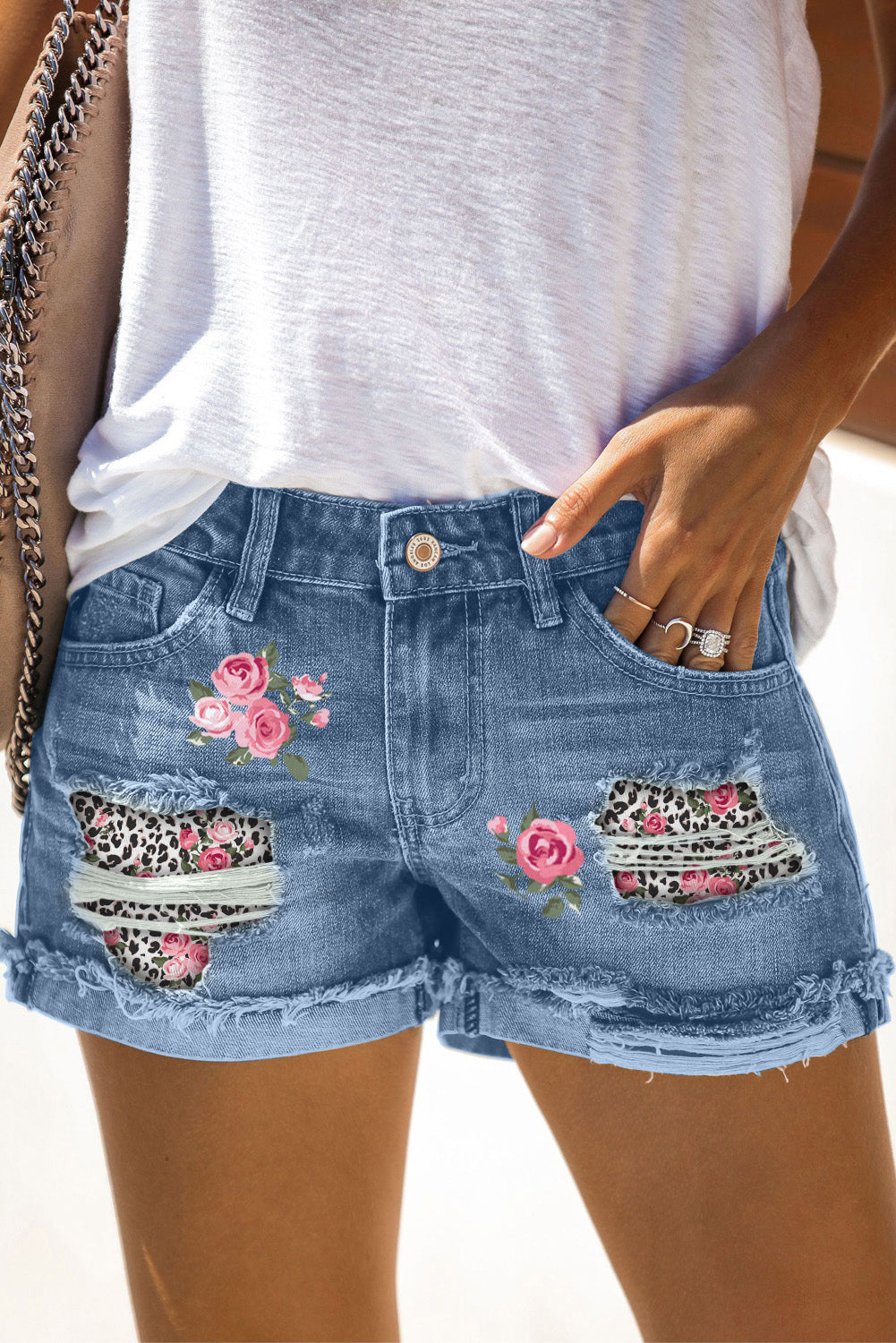 Light Blue Casual Ripped Rolled Hem Denim Shorts