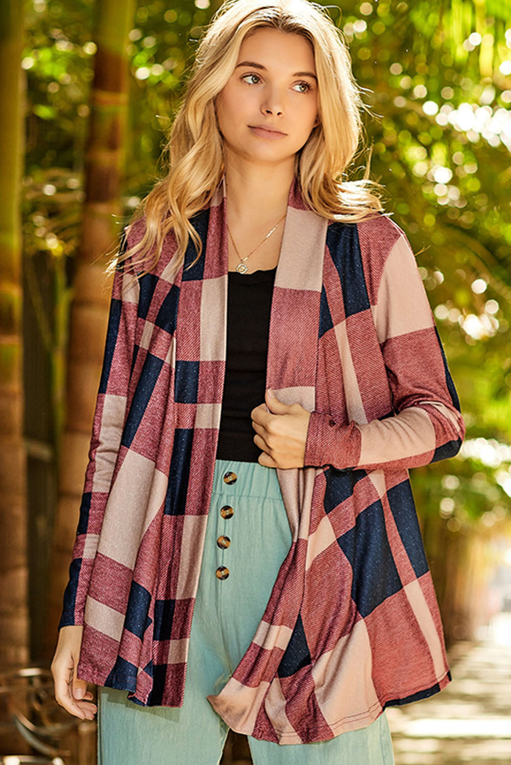 Plaid Casual Draped Open Front Cardigan *