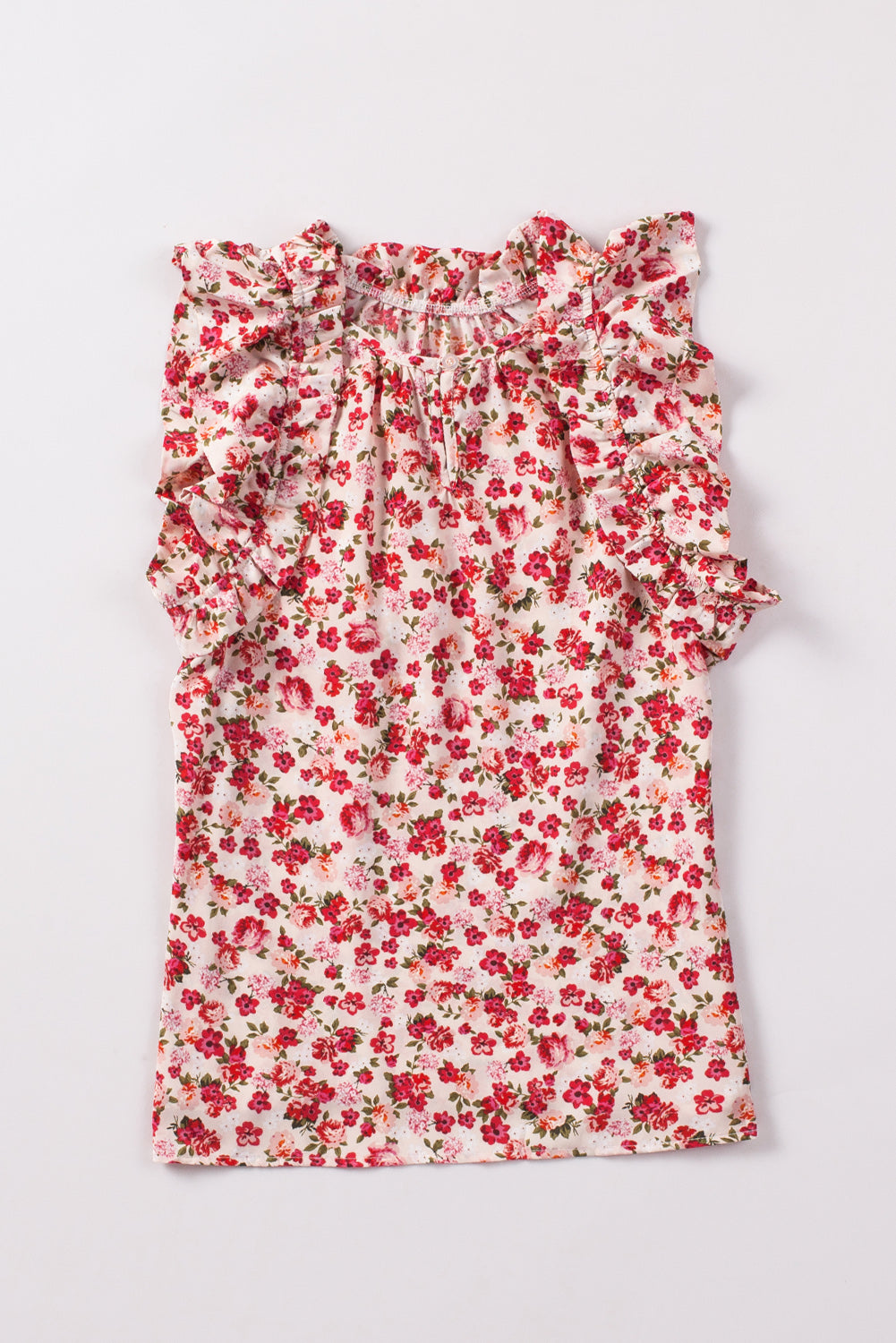 Boho Floral Print Ruffled Mock Neck Sleeveless Shirt *