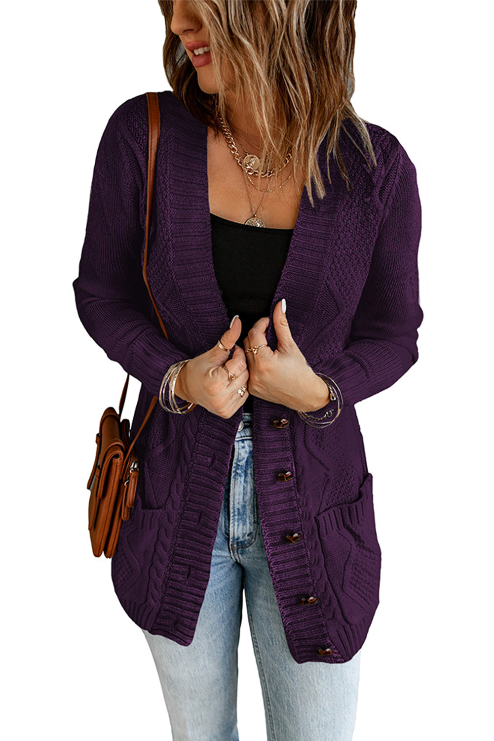 Color Block Button Up Closure Knitted Cardigan with Pocket *