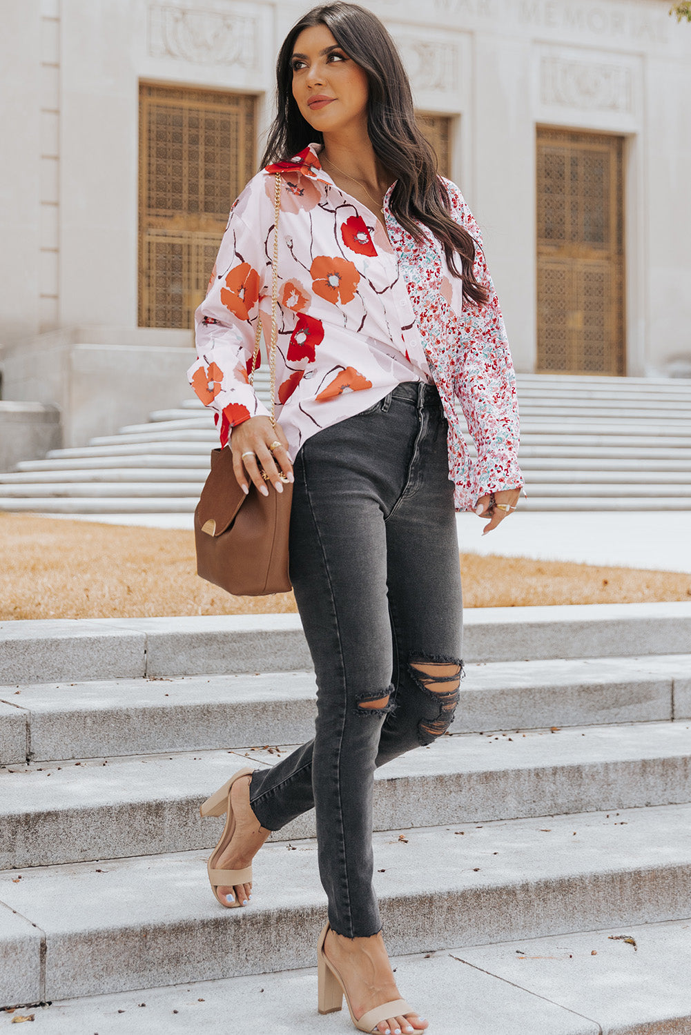 Bohemian Floral Pockets Patchwork Button Up Shirt *