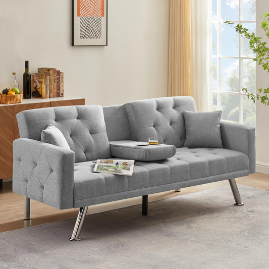 Square Arm Armrests Grey Linen Convertible Sofa and Bed