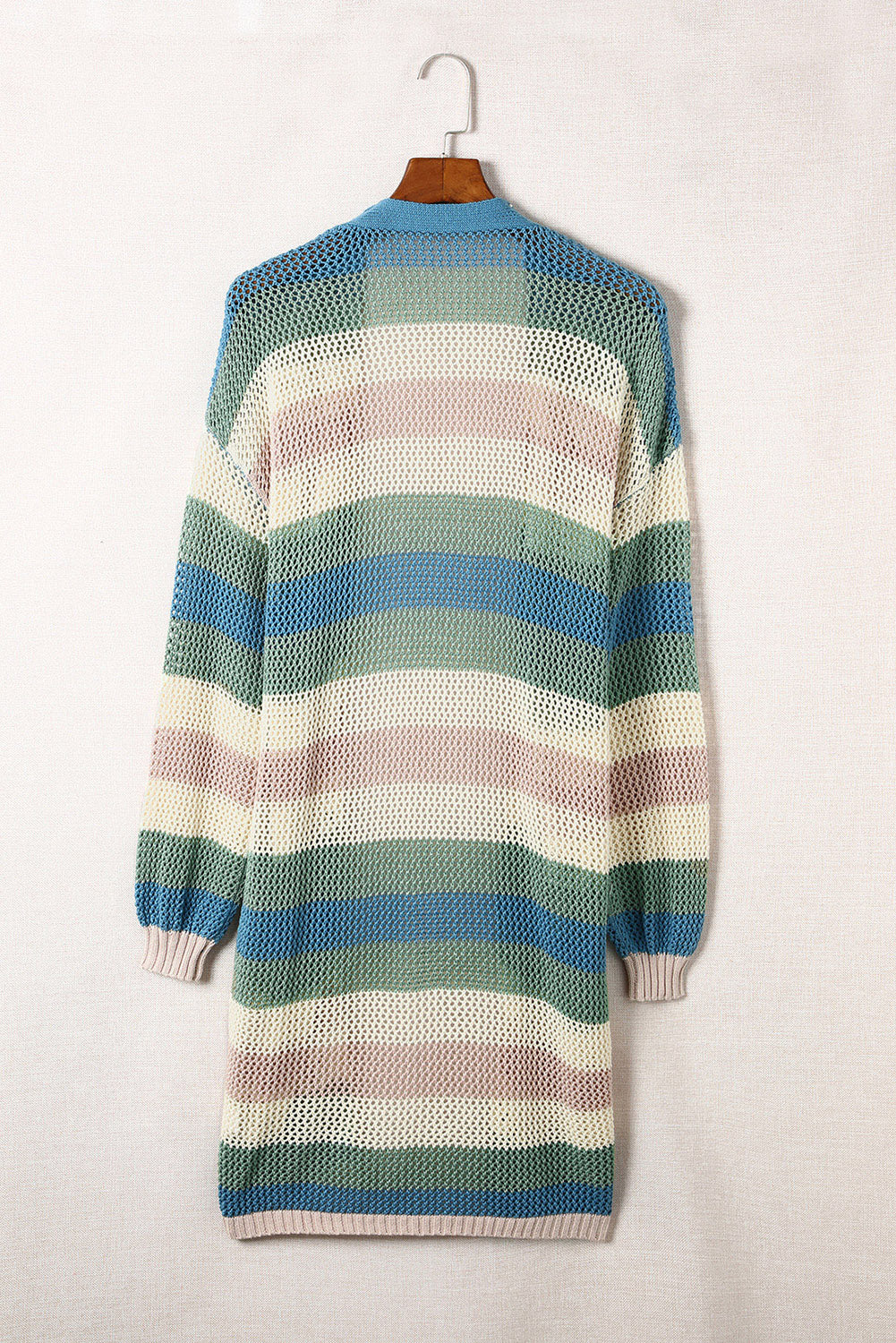 Striped Color Block Hollow Cable Knit Cardigan *