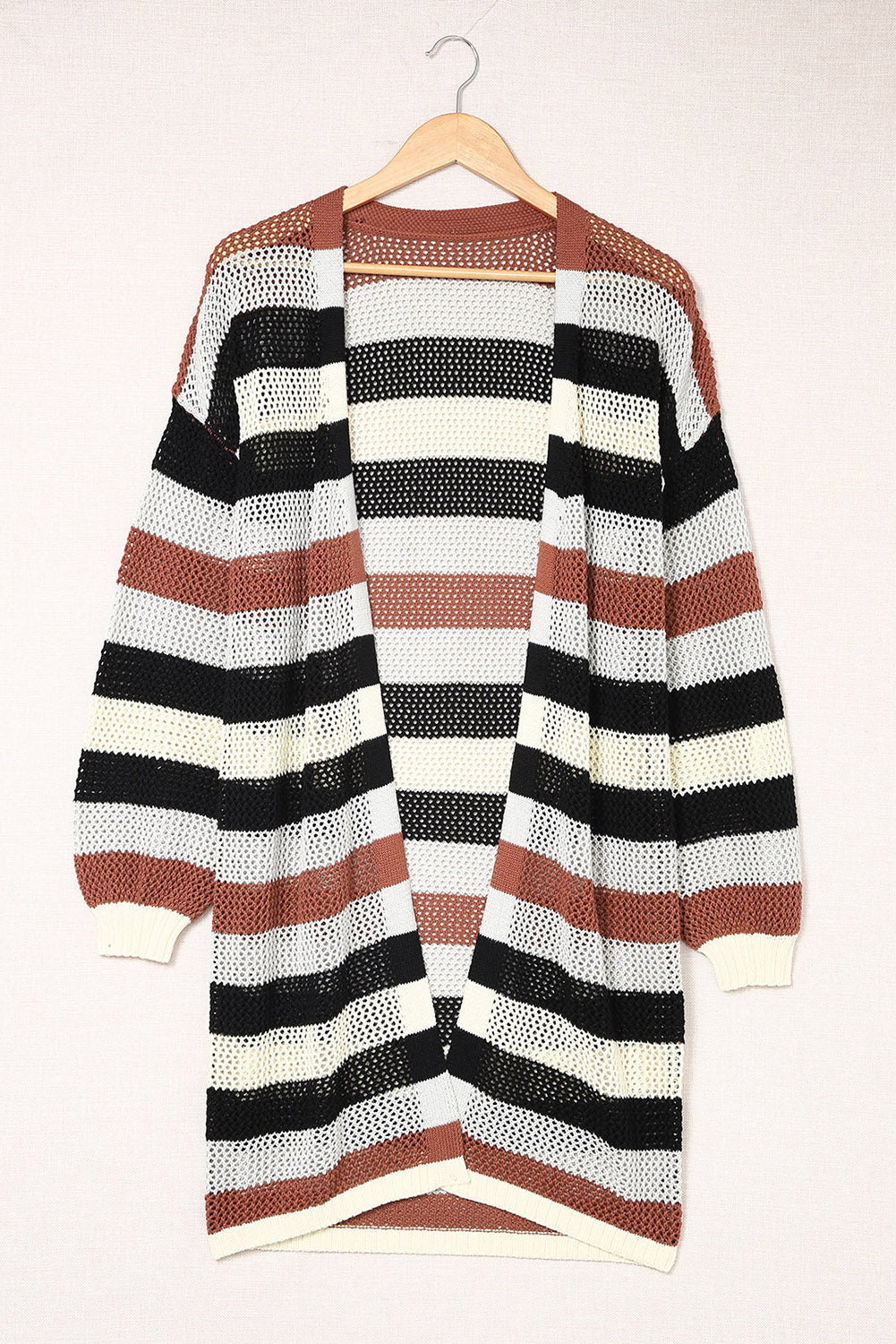 Striped Color Block Hollow Cable Knit Cardigan *