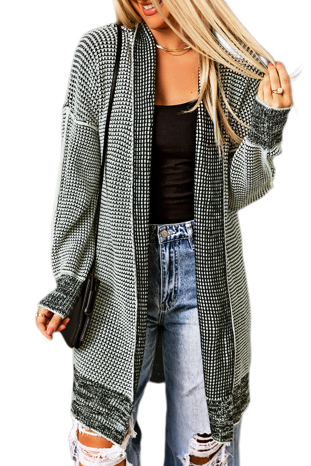 Pink Plaid Contrast Trim Casual Knit Long Cardigan*