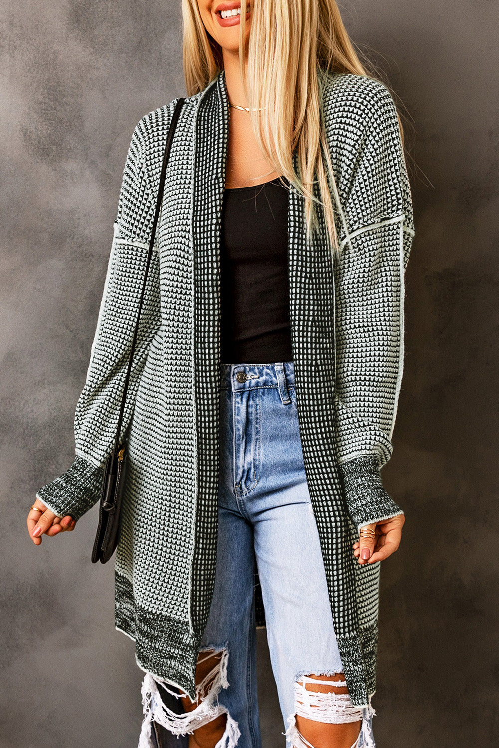 Pink Plaid Contrast Trim Casual Knit Long Cardigan*