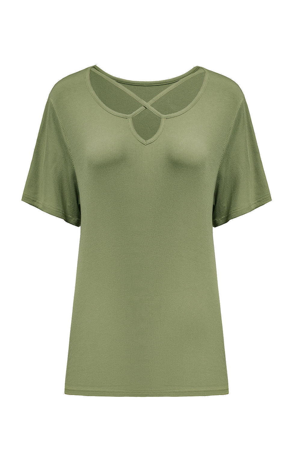 Army Green Casual Crisscross Ribbed Knit  Plus Size Tee *