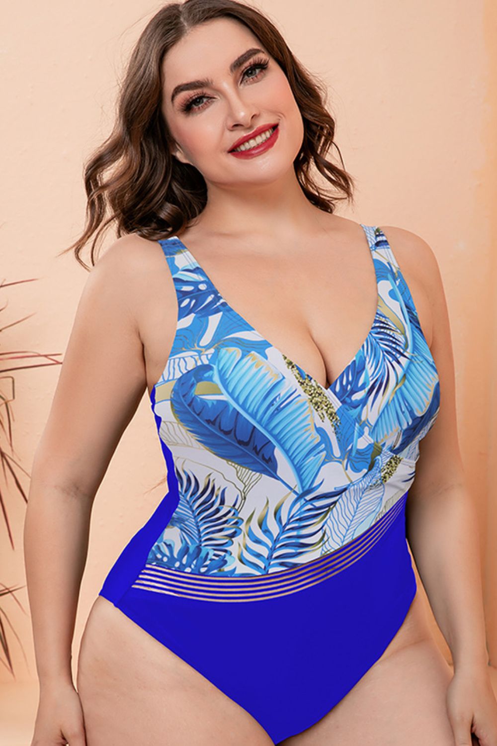 Curvy Two-Tone Plunge One-Piece Swimsuit