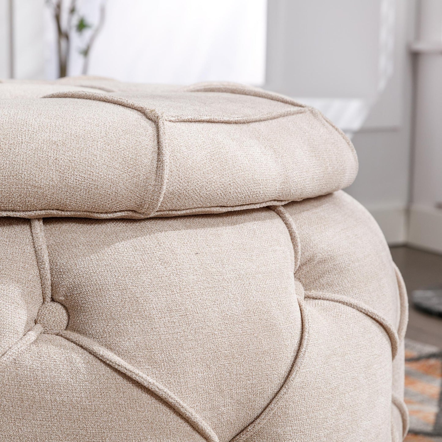 Large Button Tufted Woven Round Storage Footstool