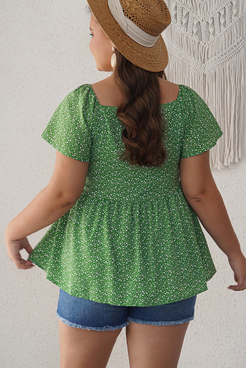 Floral Print Pleated Flounce Hem Short Sleeve Plus Size Top *