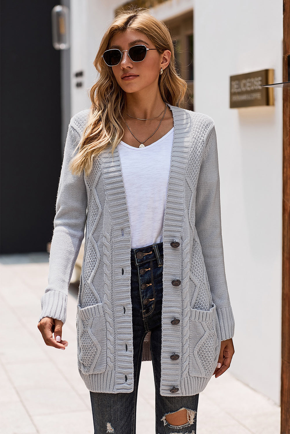 Color Block Button Up Closure Knitted Cardigan with Pocket *