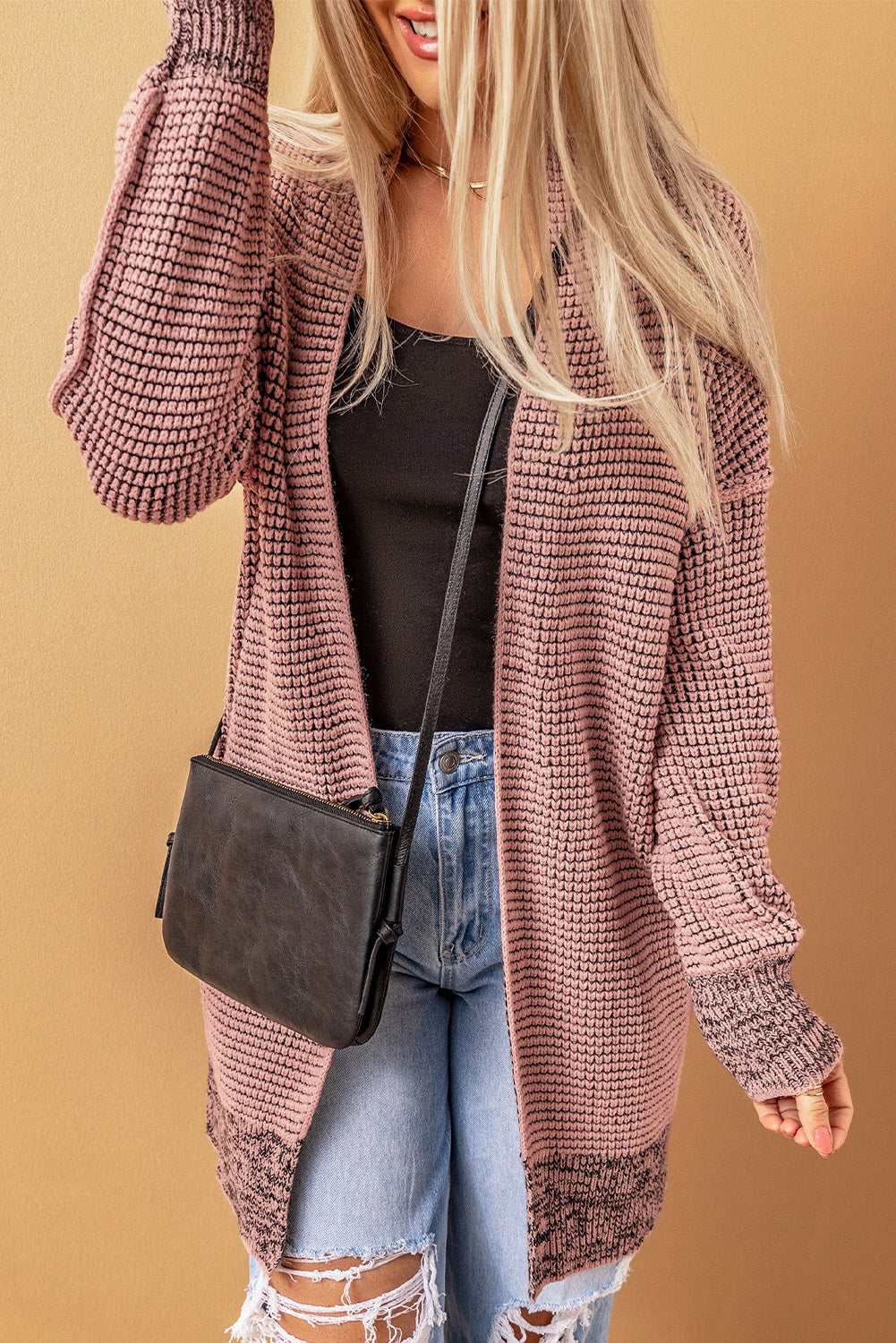 Pink Plaid Contrast Trim Casual Knit Long Cardigan*