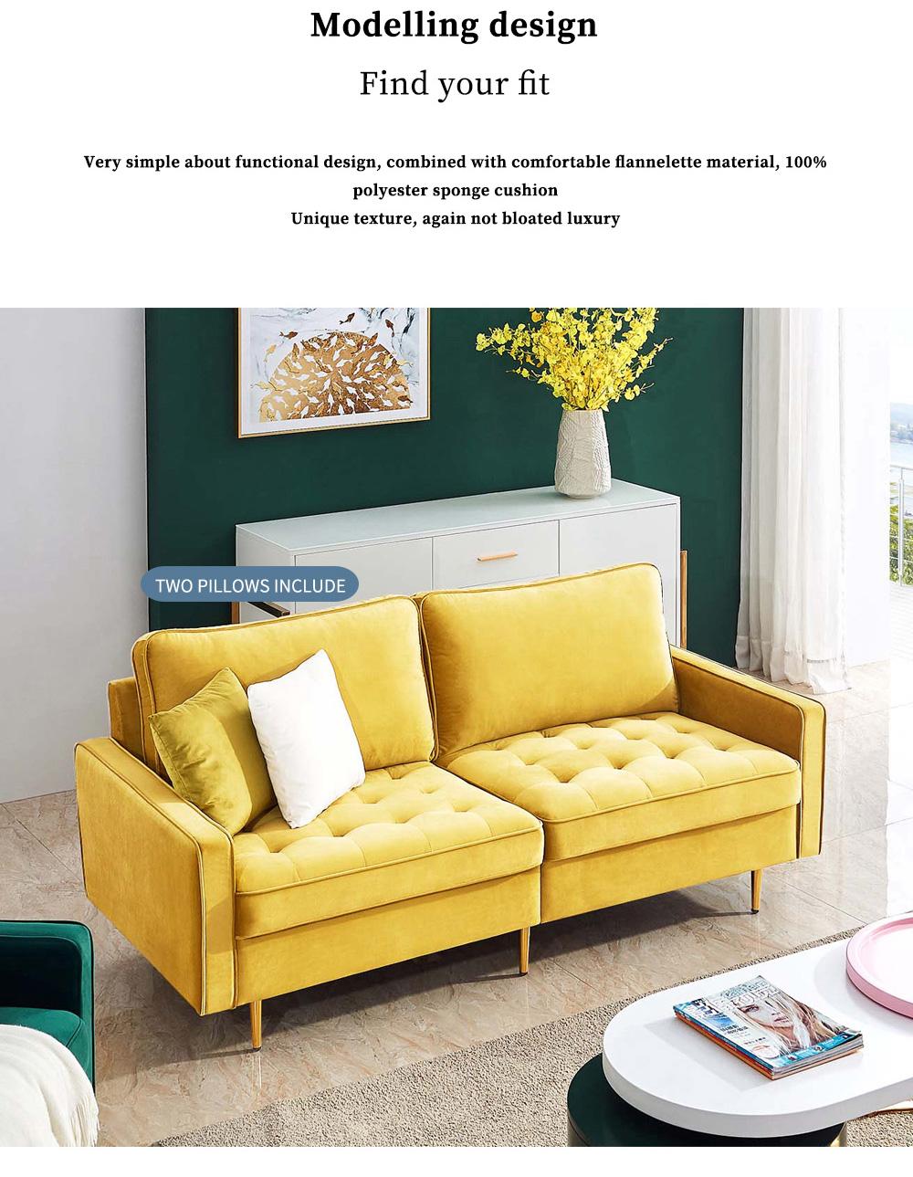 Modern Velvet fabric sofa 71" - Yellow